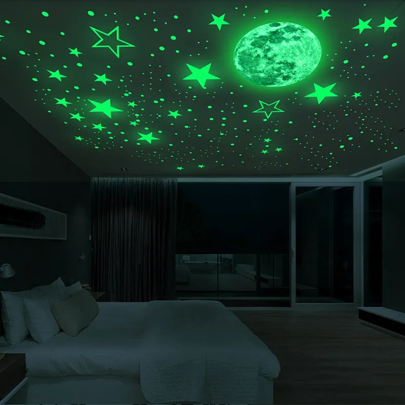 444pcs/set Luminous Moon Star Wall Sticker Glow In The Dark Fluorescent Wall Art Decals For Home Kids Bedroom Ceiling Decoration