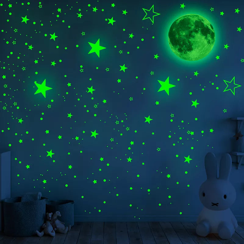 444pcs/set Luminous Moon Star Wall Sticker Glow In The Dark Fluorescent Wall Art Decals For Home Kids Bedroom Ceiling Decoration